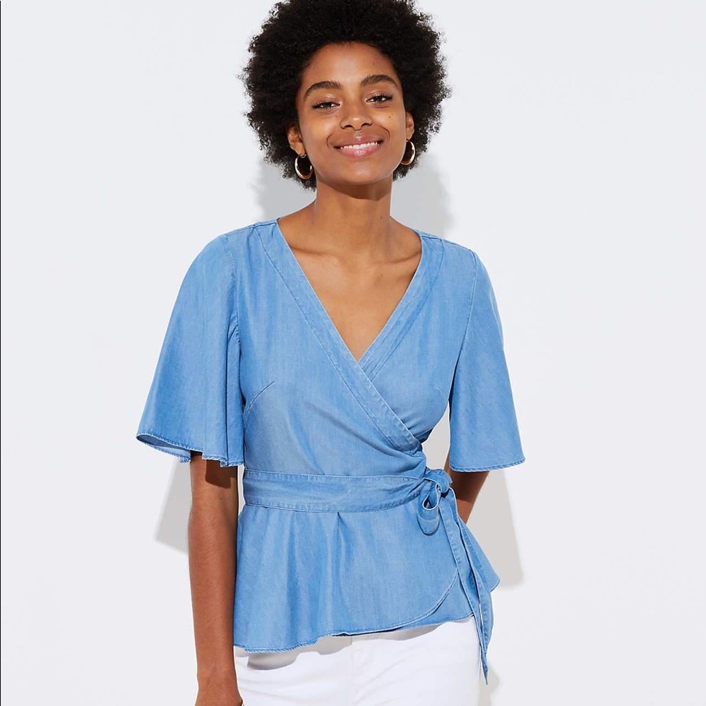 Chambray Tie LOFT Blouse Flutter Sleeve